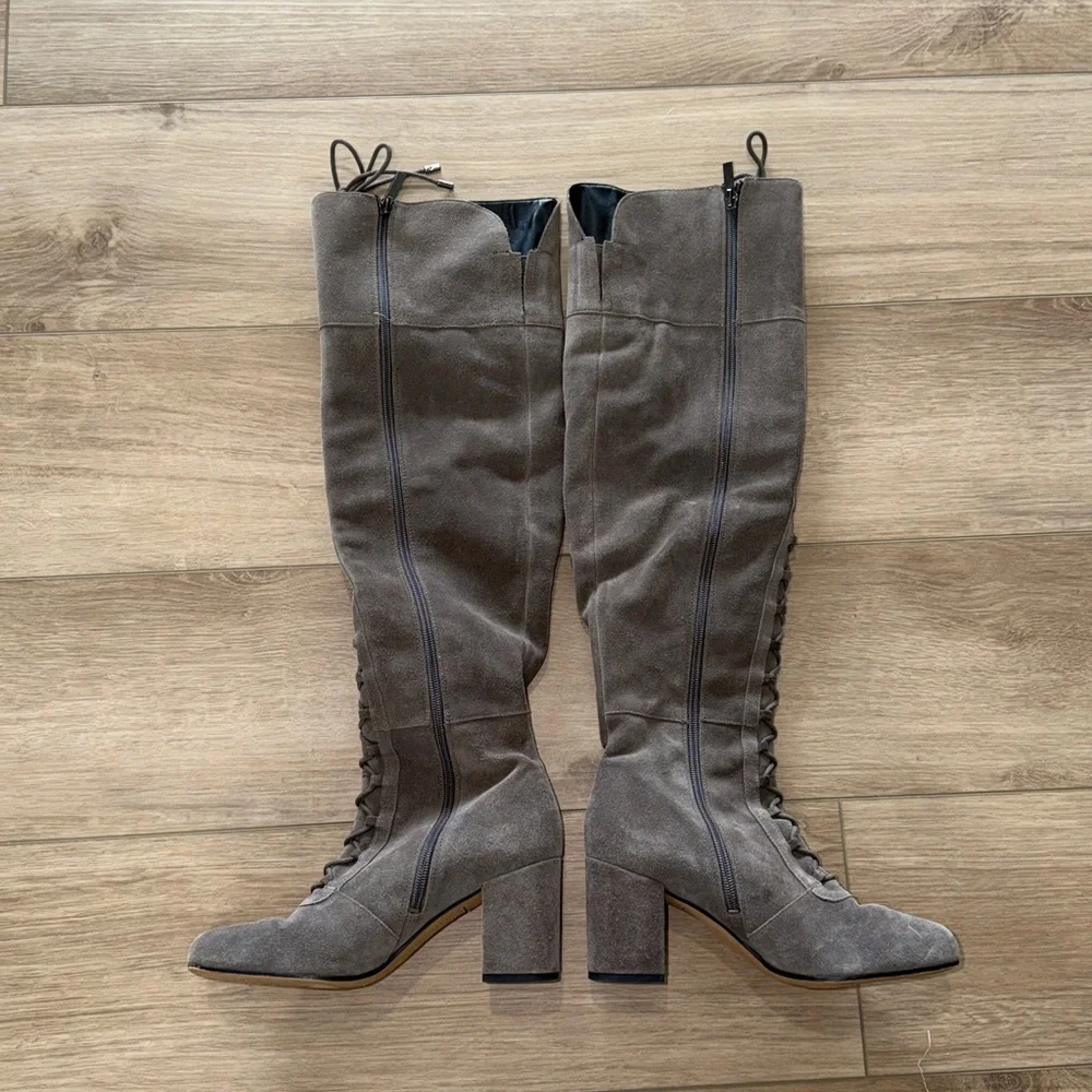 Franco Sarto PANYA grey suede lace-up over-the-knee boots with a block heel 7M